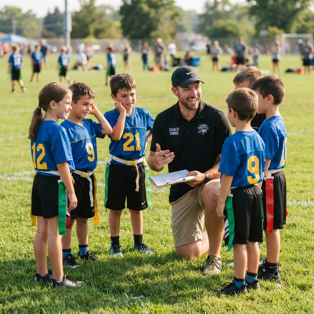 A youth flag football coach talking with a group of young players on the field